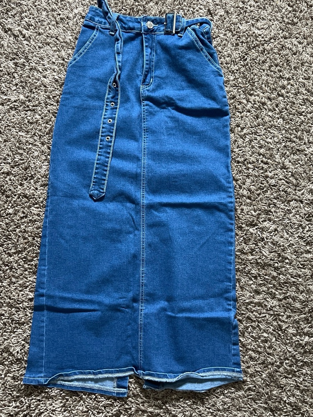 High-Waist Blue Denim Maxi Skirt with Belt